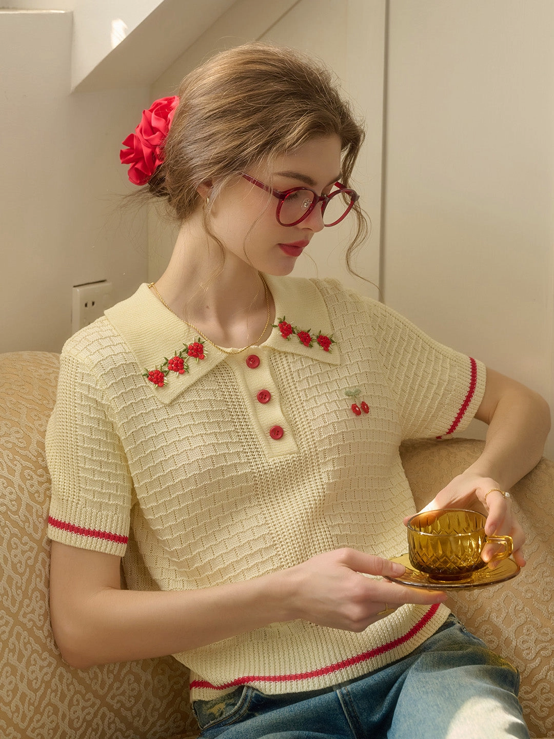 Bold Core ??Final Sale??Ariana Round Neck Embroidery Top