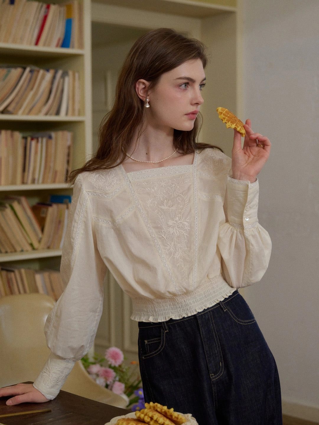 Oakley Square Neck Embroidery 100% Cotton Blouse QuickReleaseFastener