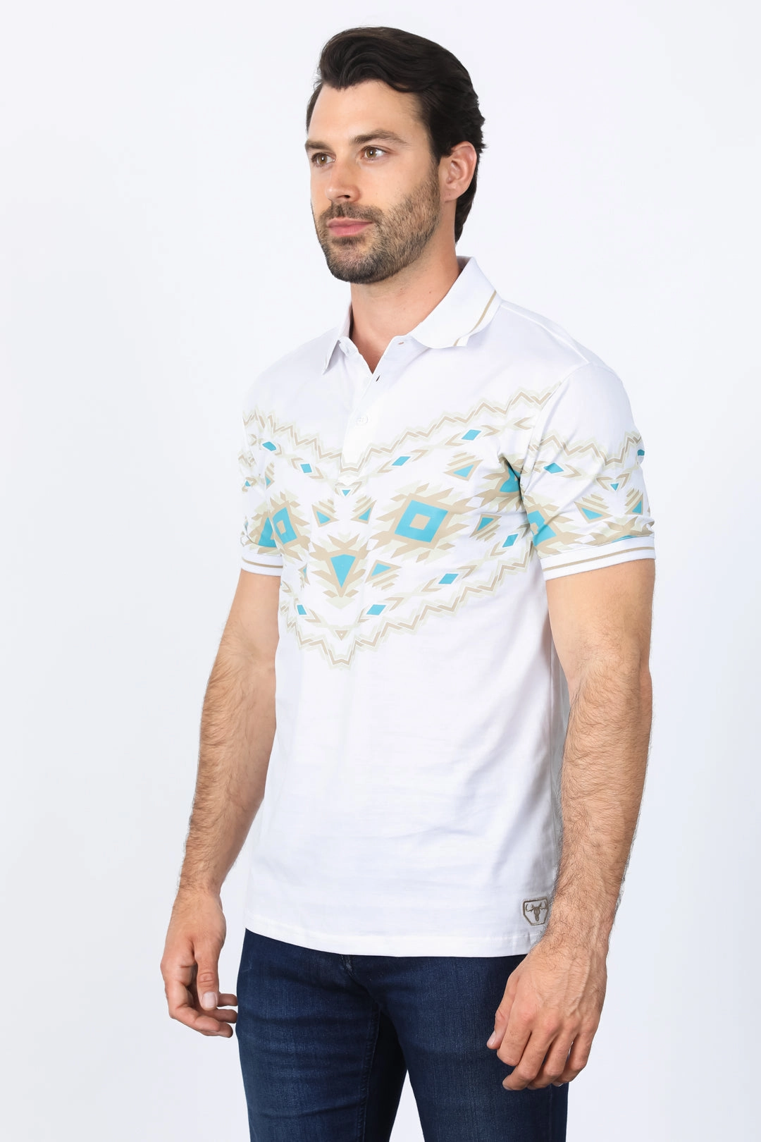 Breathable Underarm Gusset Men's White Aztec Panoramic Print Polo