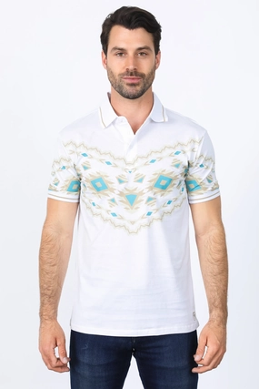 Men's White Aztec Panoramic Print Polo LowMaintenance Fabric
