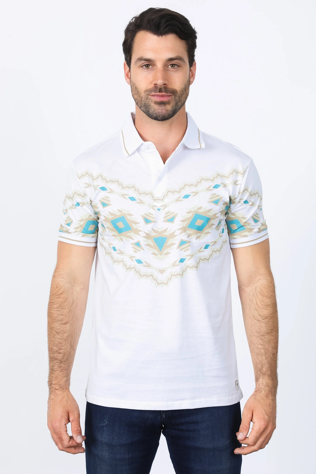 Men's White Aztec Panoramic Print Polo LowMaintenance Fabric