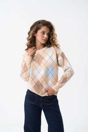 Breathable Design Sophisticated Layers White Diamond Pattern Knit Sweater