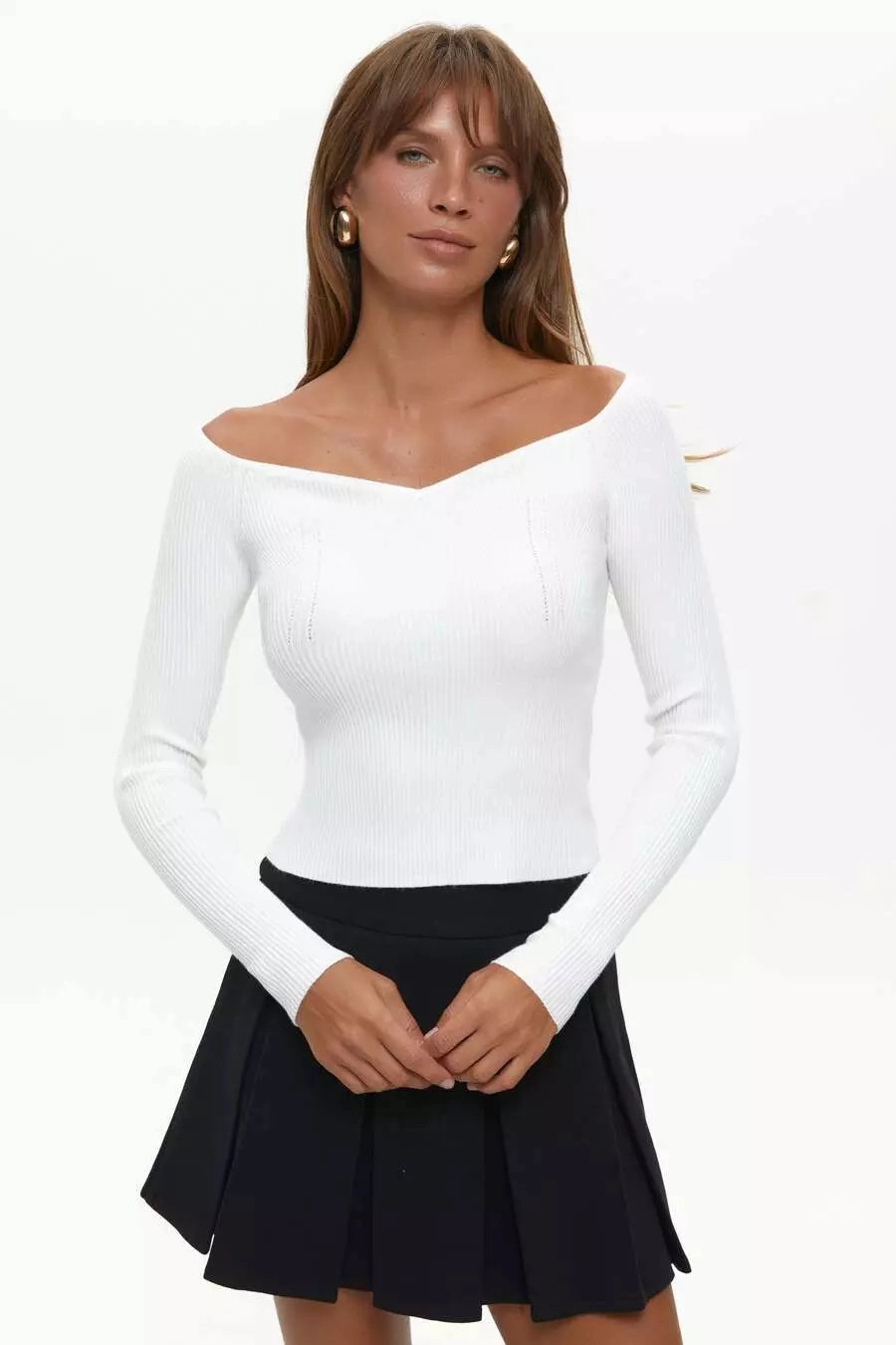 Fire Core LowMaintenance White Sugar Sweetheart Neckline Ribbed knit Long Sleeve