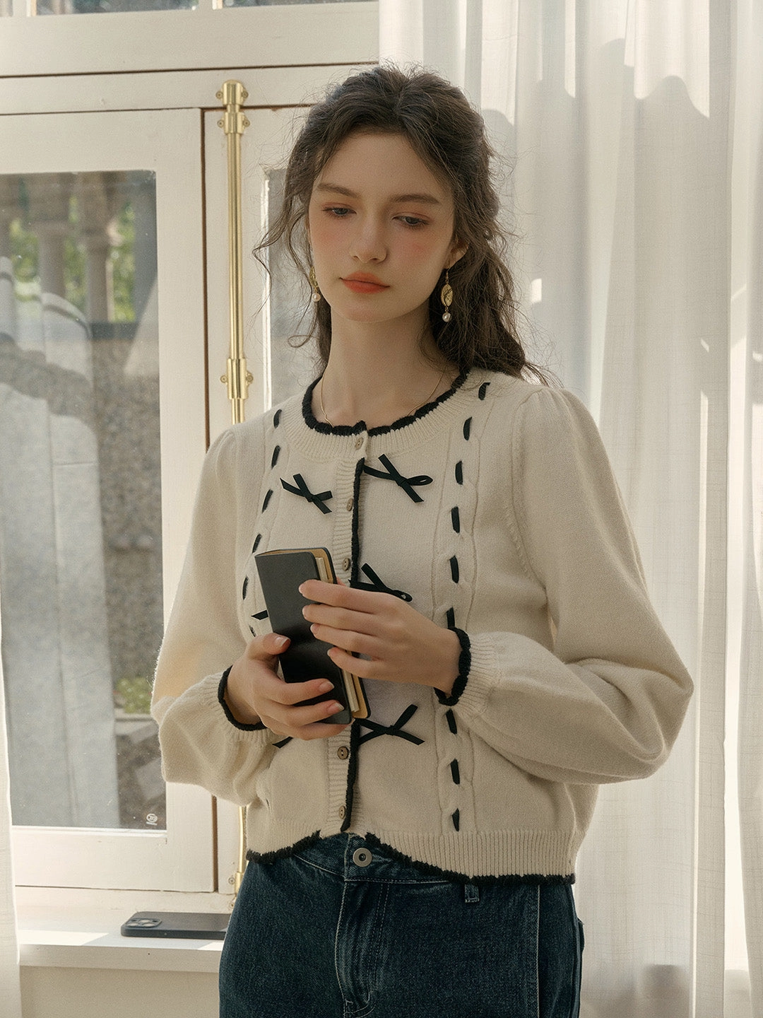 ??Final Sale??Miranda Round Neck Contrast Bow cardigan SnagProofMaterial AdjustableWaistband