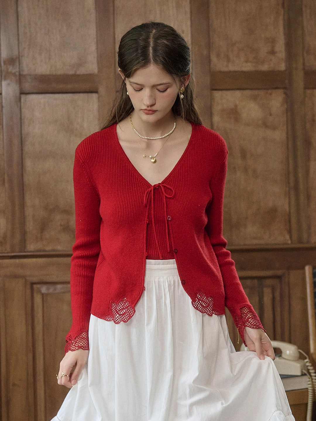 Kyla V-neck Tie Lace Hollow Embroidery Knitted Cardigan Trendy sneakers All-Occasion Wear