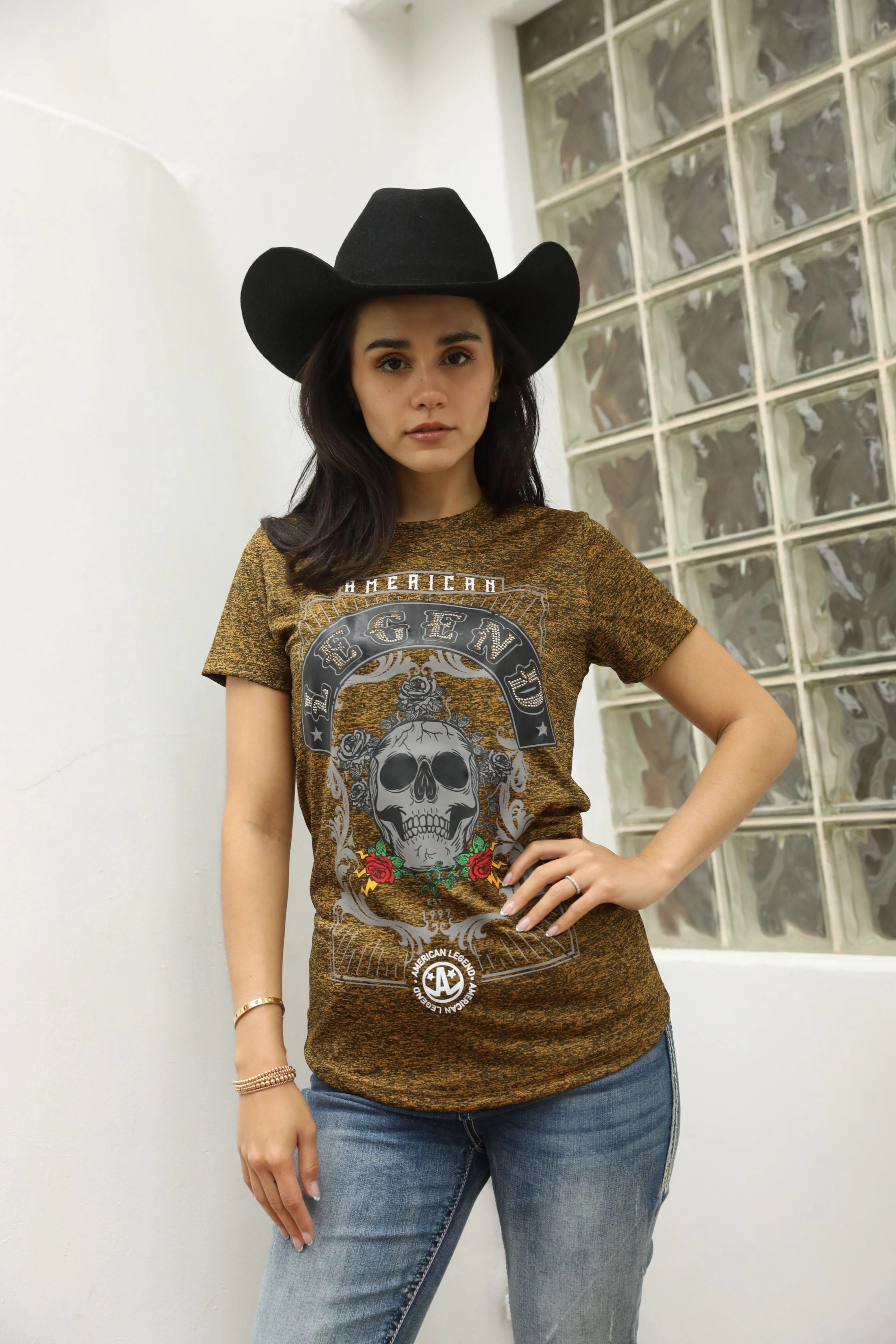 Street Style Women's Cotton American Legend Graphic Print Gold T-shirt