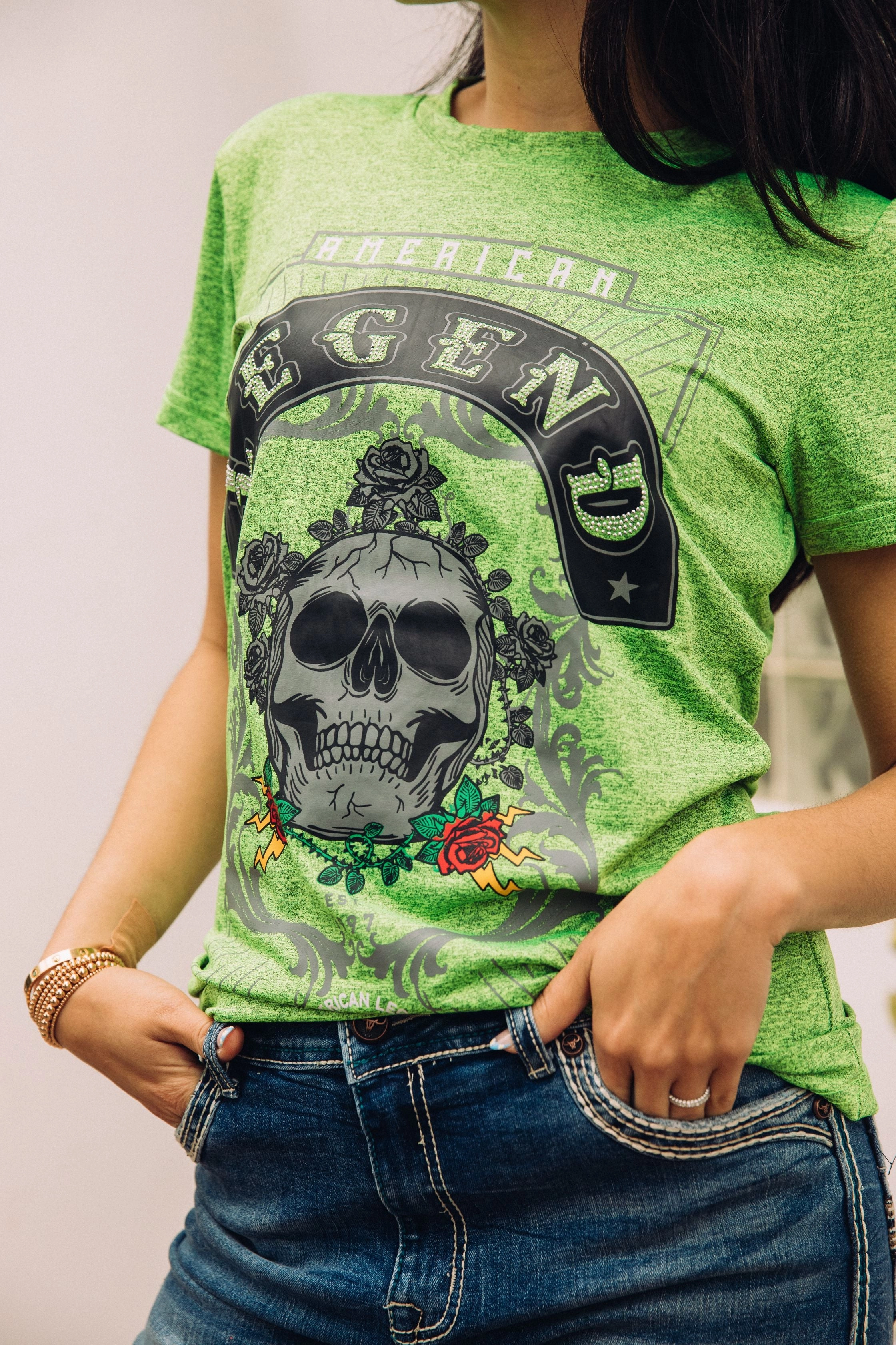 Comfort Fit Timeless Layering Women's Cotton American Legend Graphic Print Green T-shirt