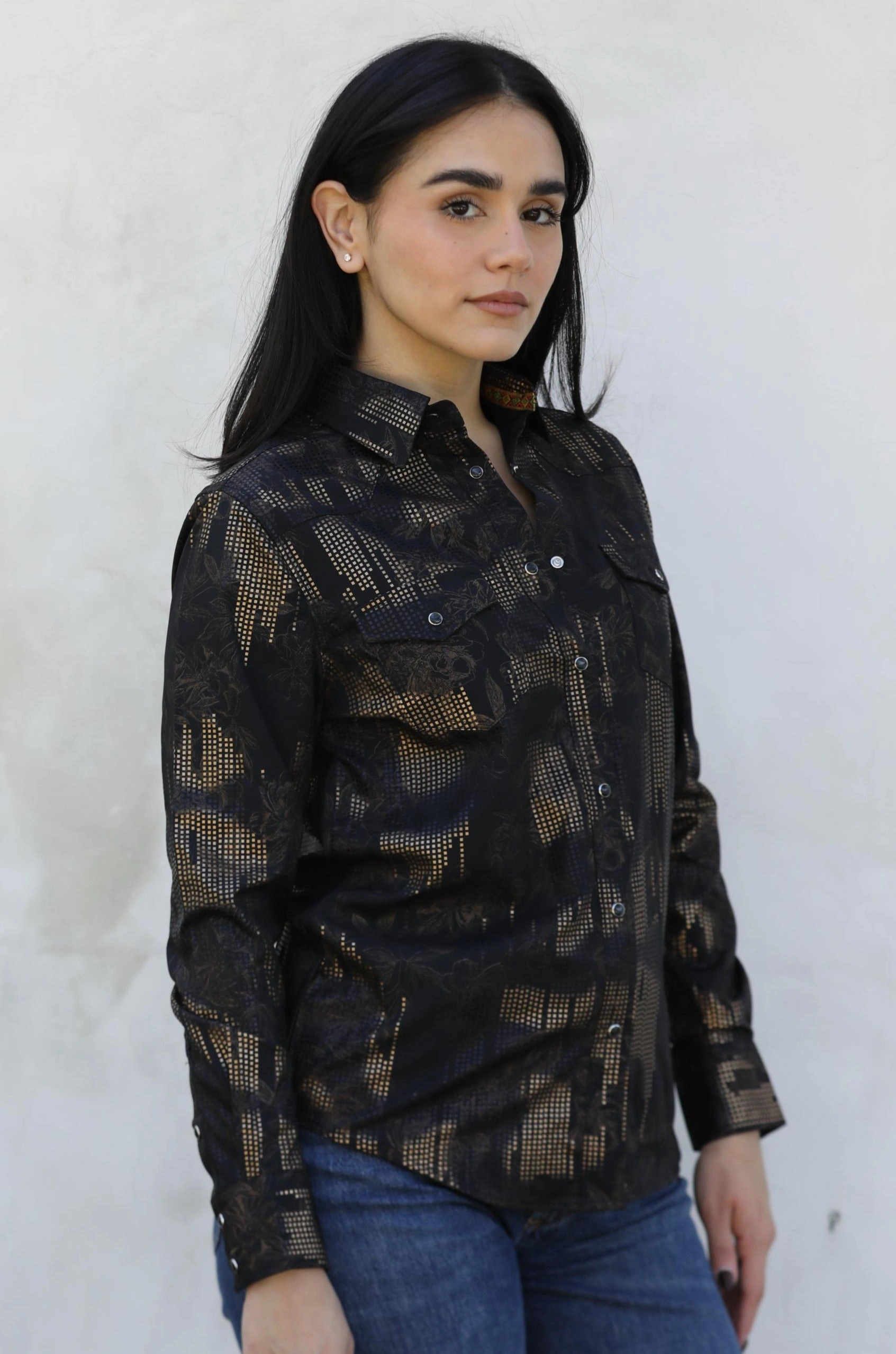 Flexible Shoulder Panels Womens Modern Fit Stretch Foil Fashion Shirt