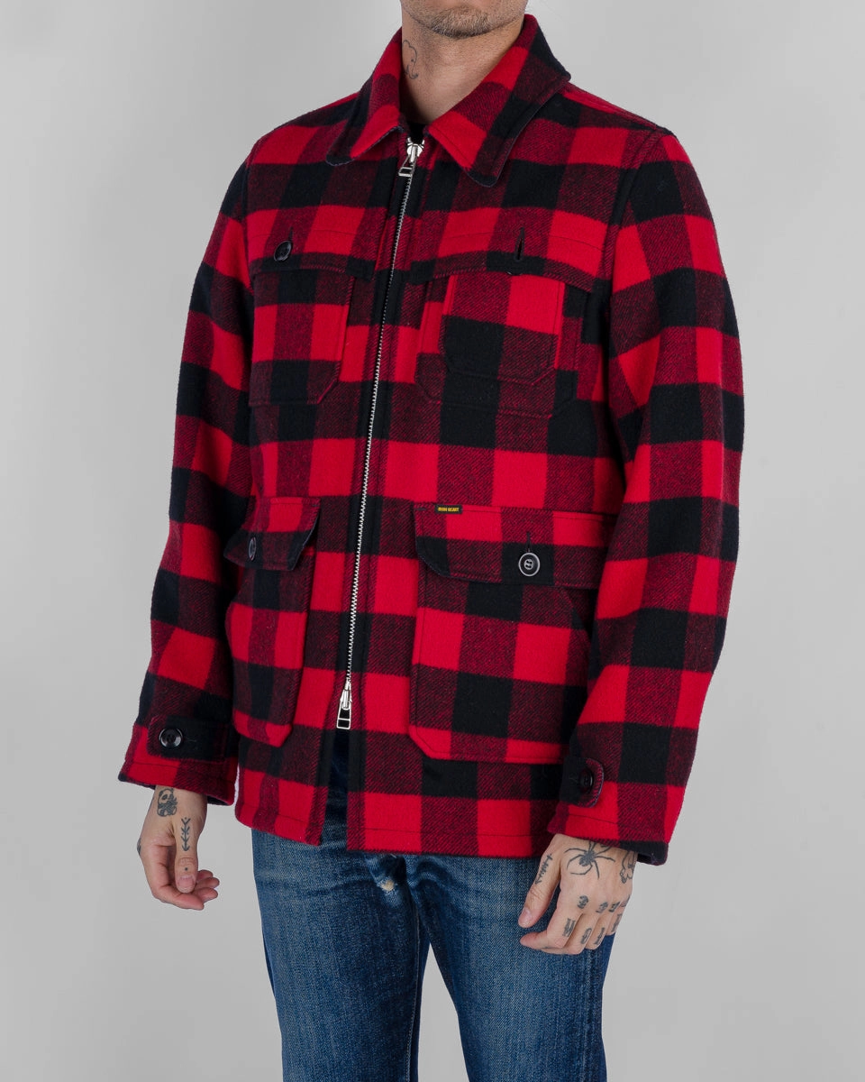 Button Fastenings Wool Buffalo Check Hunting Jacket - Red
