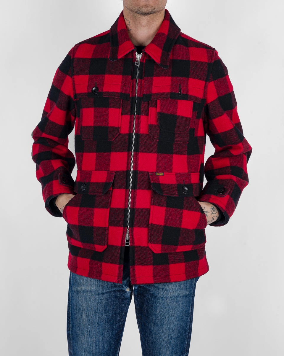 Wool Buffalo Check Hunting Jacket - Red Windproof Hood Thermal Lining