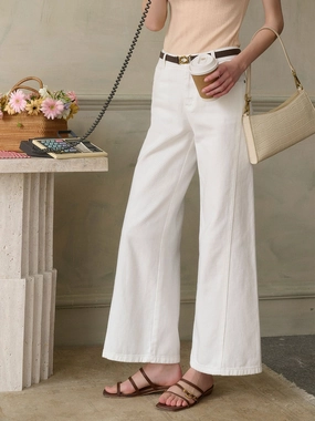Katalina Vintage Low Rise Straight Leg Wide Leg Cotton Jeans-White All Day Wear Comfort ElasticCuffs