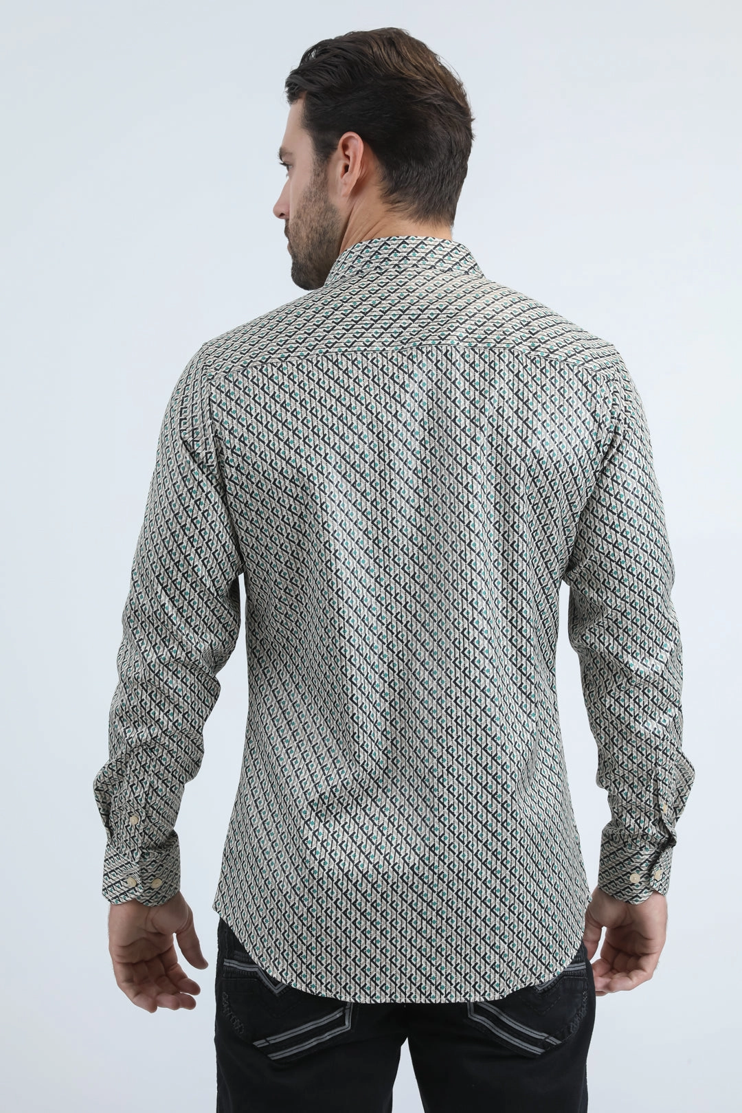 Mens Modern Fit Stretch Foil Fashion Beige Shirt crew neck