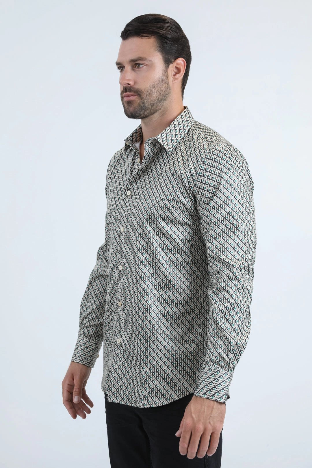 Ruffle Edge Mens Modern Fit Stretch Foil Fashion Beige Shirt