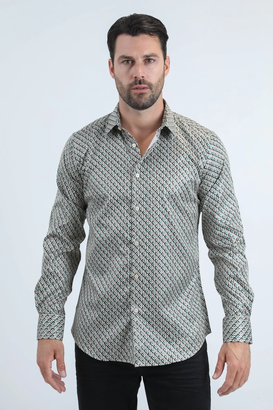 Seamless Shoulder Mens Modern Fit Stretch Foil Fashion Beige Shirt