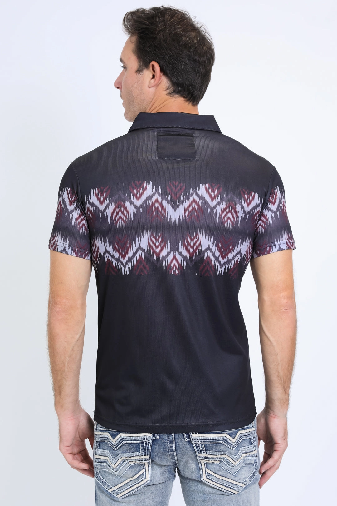 Men's Performance Fabric Aztec Panoramic Print Black Polo Sporty Layers