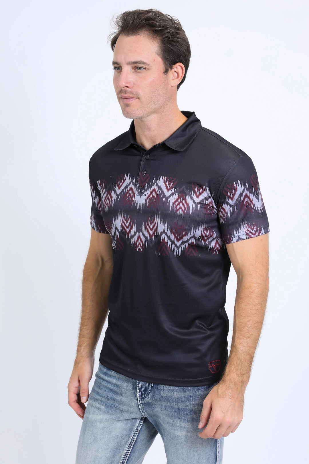 Men's Performance Fabric Aztec Panoramic Print Black Polo Spring Collection
