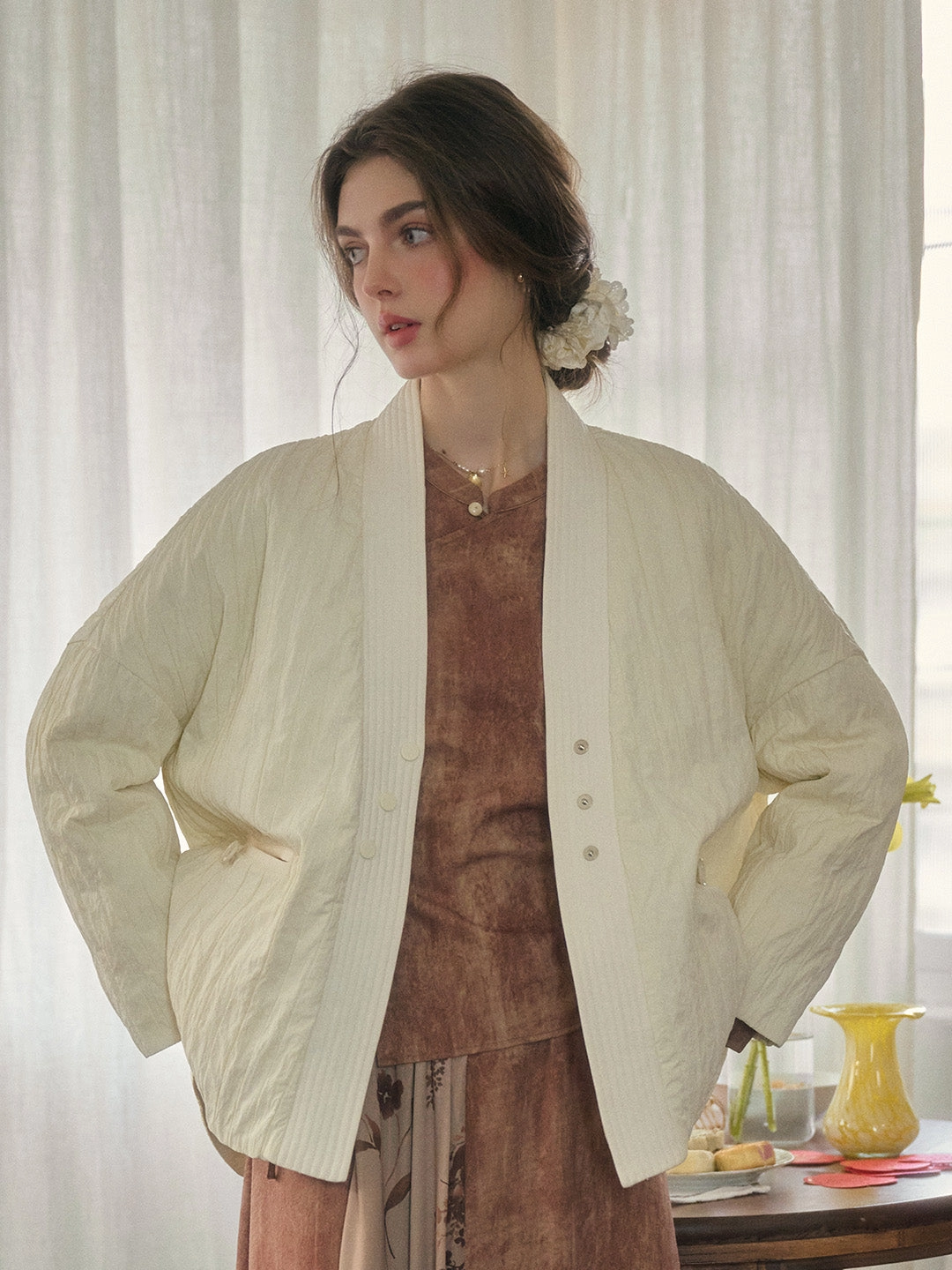 Antibacterial lining fashionable blazer Emi Collarless Pocket Down Jacket - Off-white