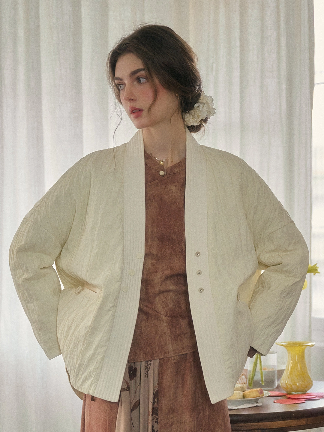 Emi Collarless Pocket Down Jacket - Off-white Comfortable Sleep