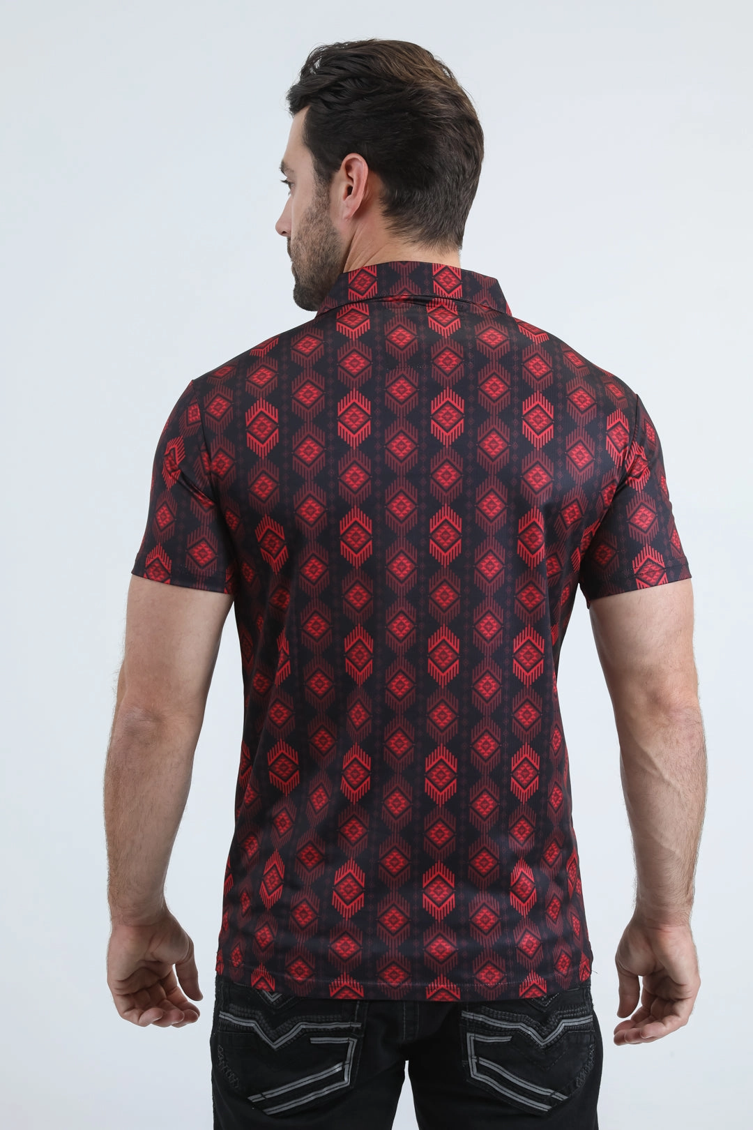 Minimalistic Design Comfortable Layering Mens Performance Fabric Modern Fit Stretch Aztec Print Black Polo