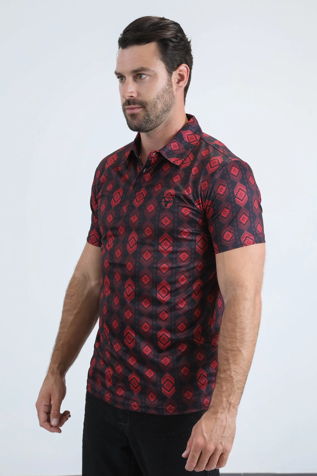 Breathable Flex Summer Outing Mens Performance Fabric Modern Fit Stretch Aztec Print Black Polo