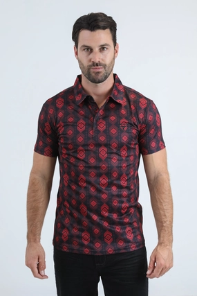 Performance Polo Mens Performance Fabric Modern Fit Stretch Aztec Print Black Polo