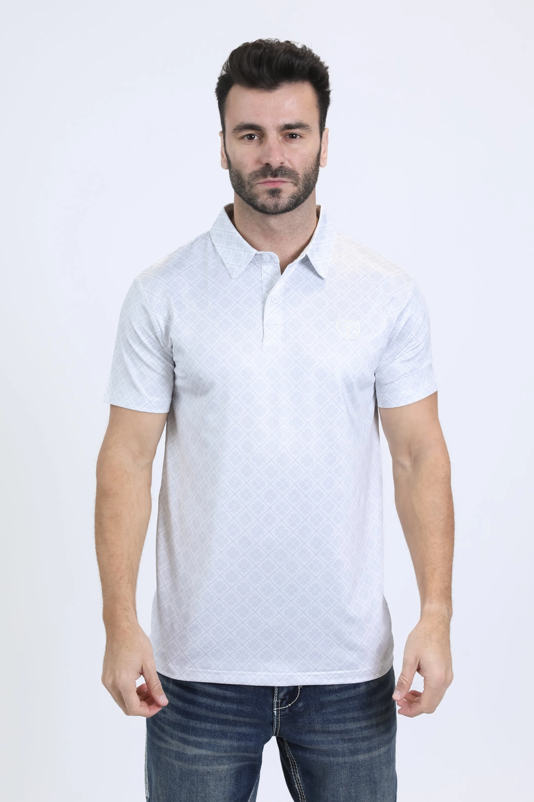 OdorControl Treatment Fashion Must-Have Mens Performance Fabric Modern Fit Stretch Aztec Print White Polo