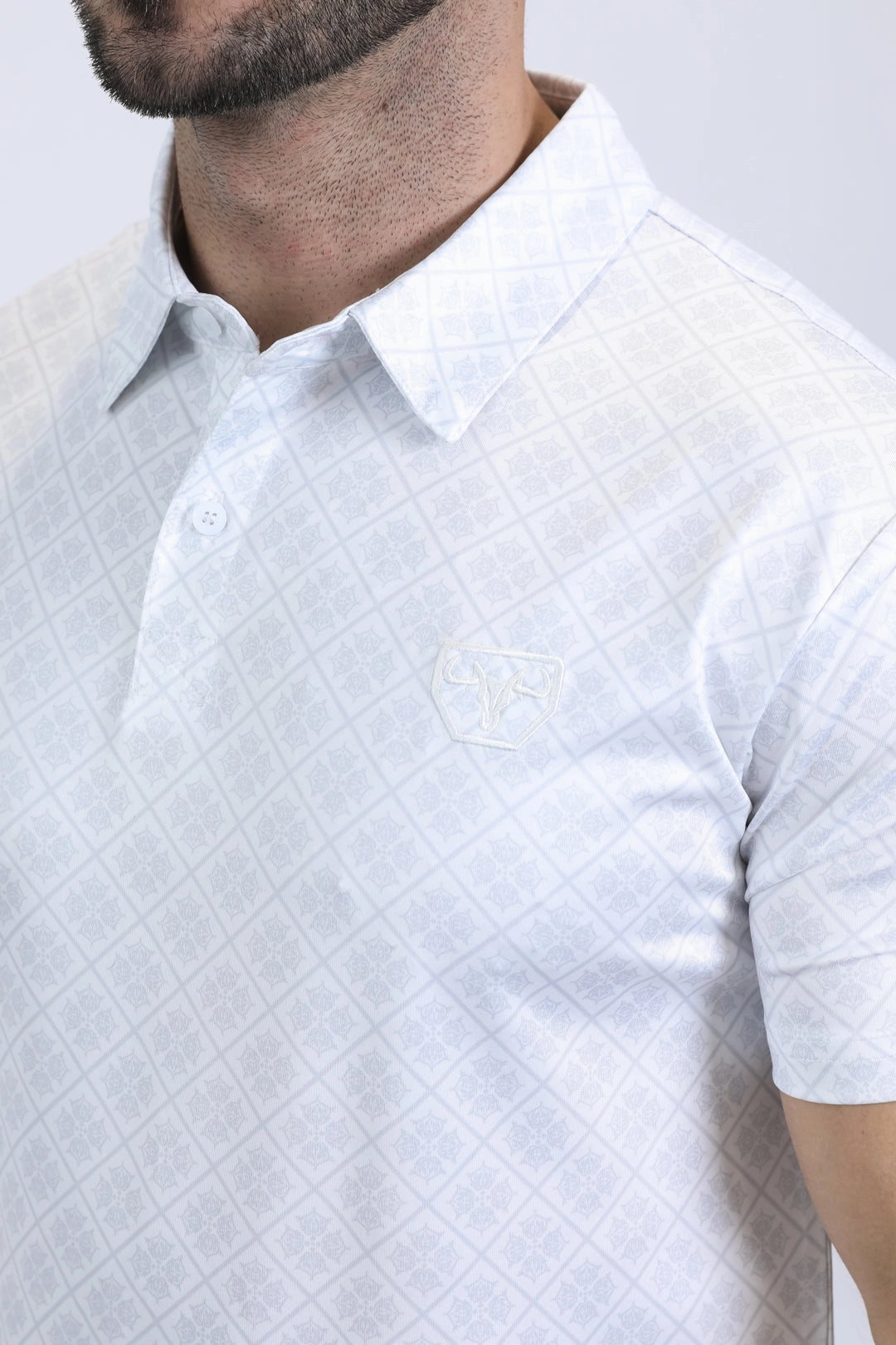 Mens Performance Fabric Modern Fit Stretch Aztec Print White Polo Quick Drying Multipanel Construction