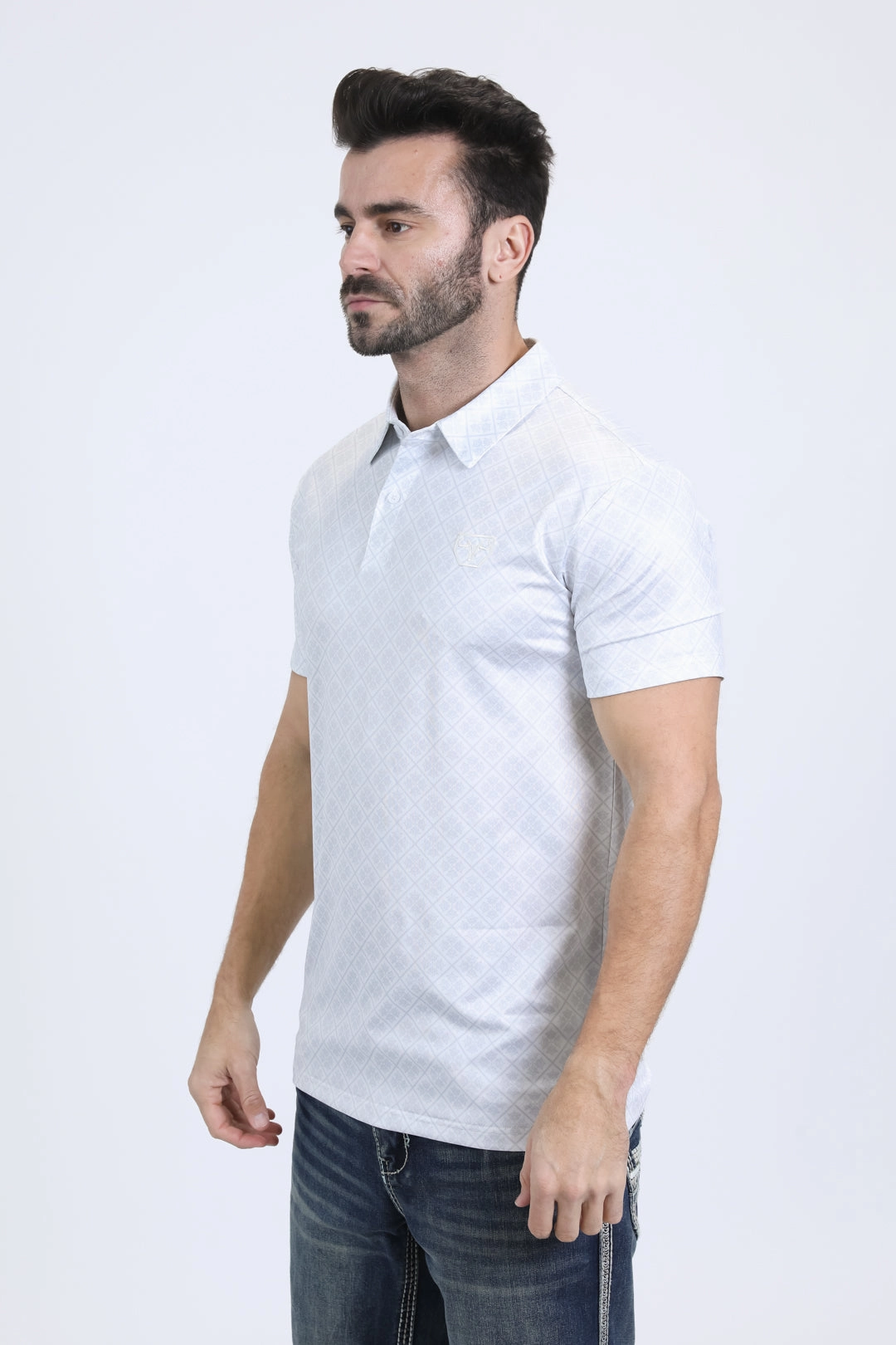 Mens Performance Fabric Modern Fit Stretch Aztec Print White Polo Elegant Style Comfort Wearable