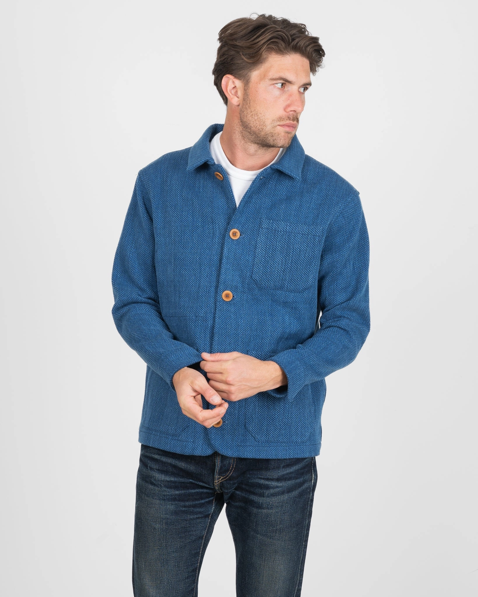 STF Japanese Bleached Sashiko Chore Jacket - Indigo Runway Inspired