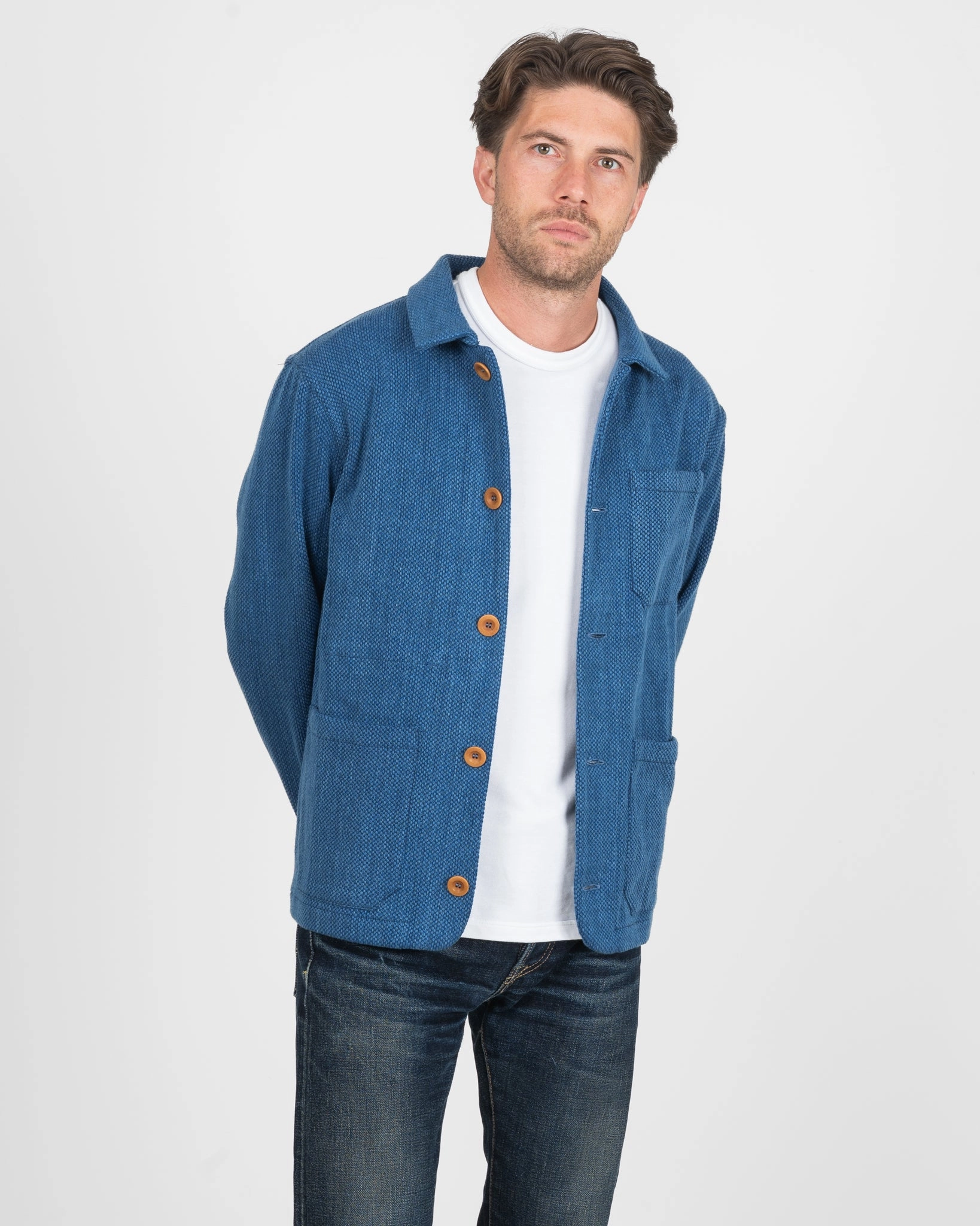 Seamless Stitching Durable Zipper STF Japanese Bleached Sashiko Chore Jacket - Indigo
