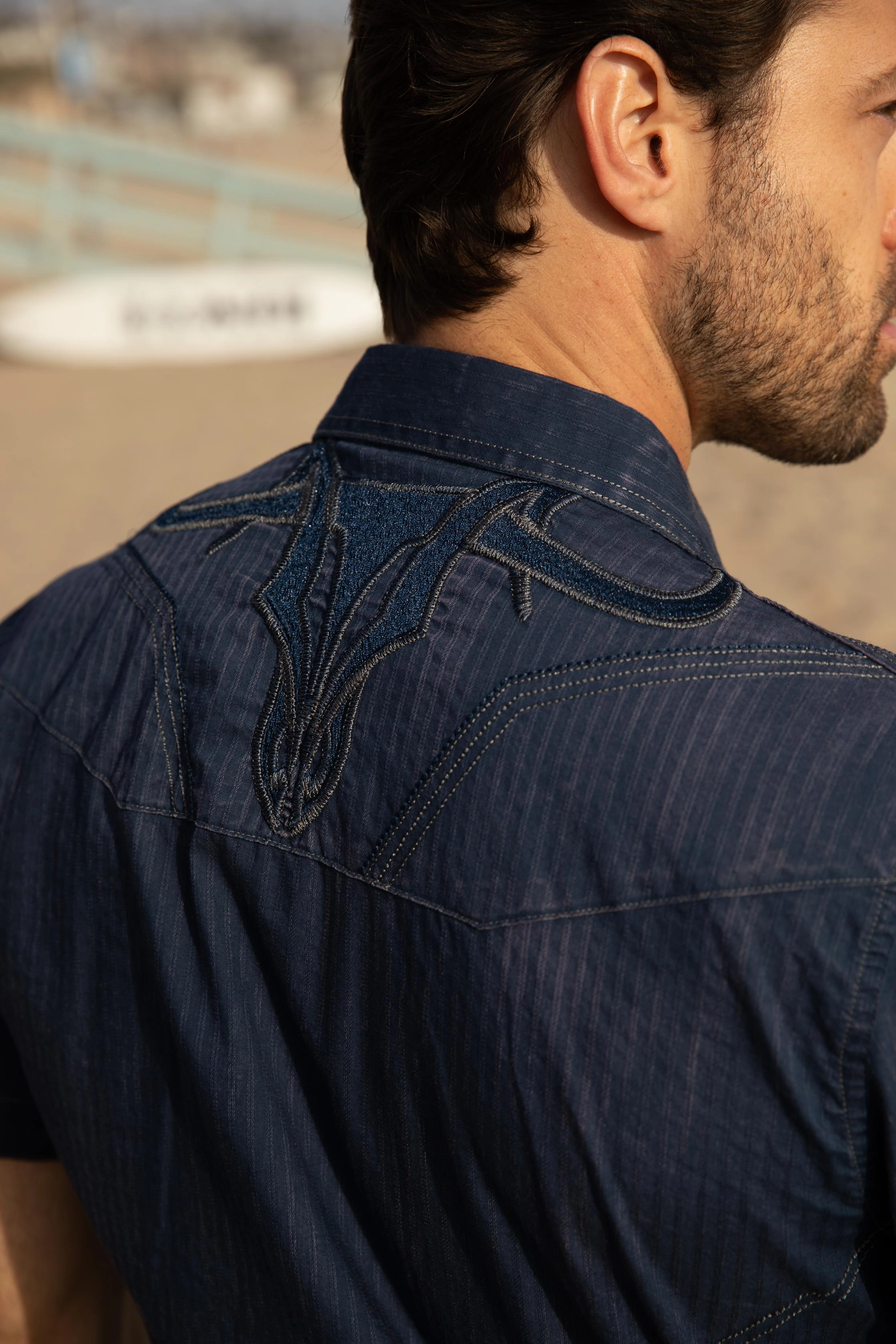 City Exploration Sustainable Material Mens Embroidery Modern Fit Stretch Short Sleeve Shirt