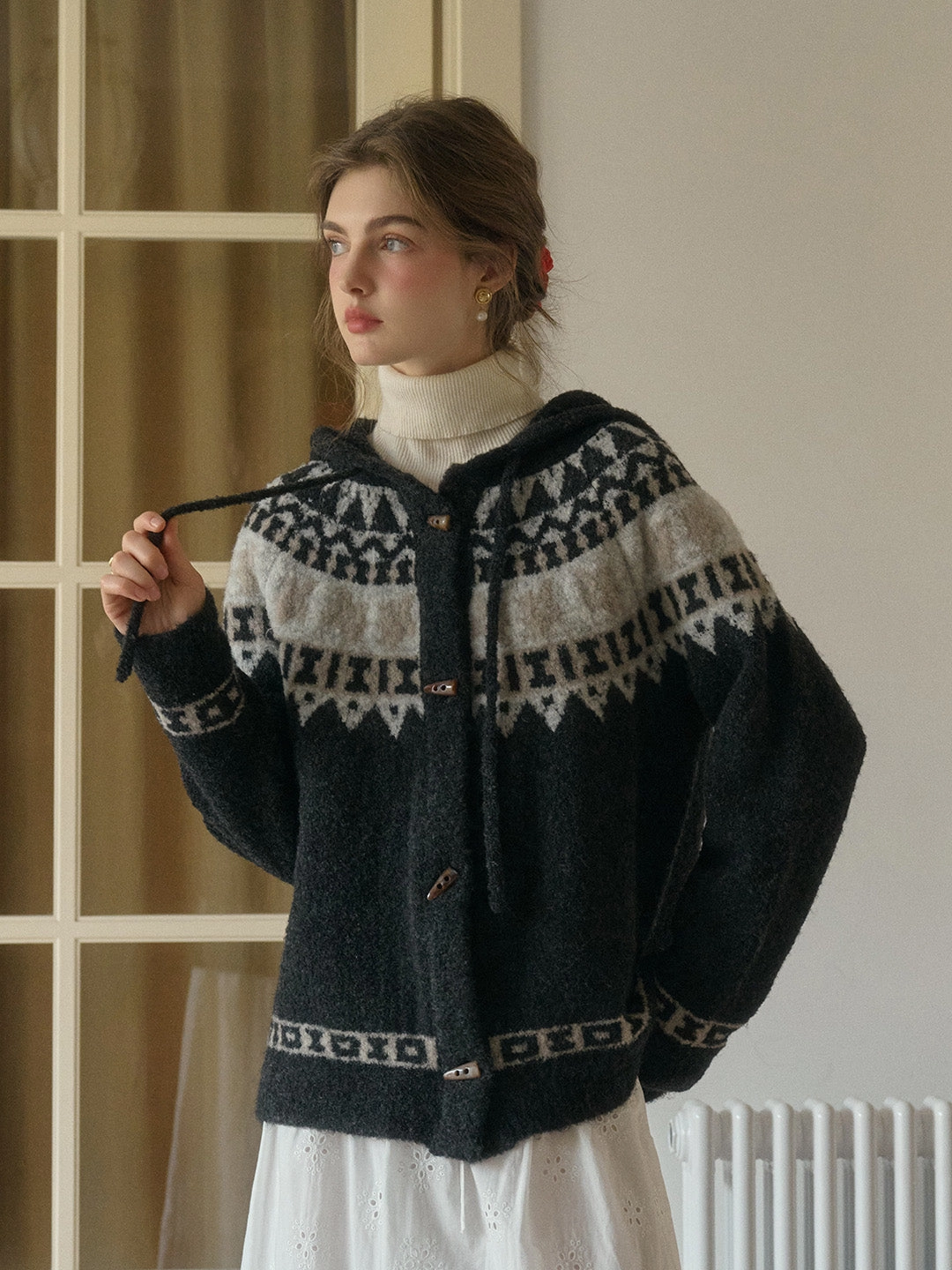 Reinforced Edges Zoya Notched Collar Fair Isle SR Exclusive Design Claw Button Wool Hoodie Cardigan