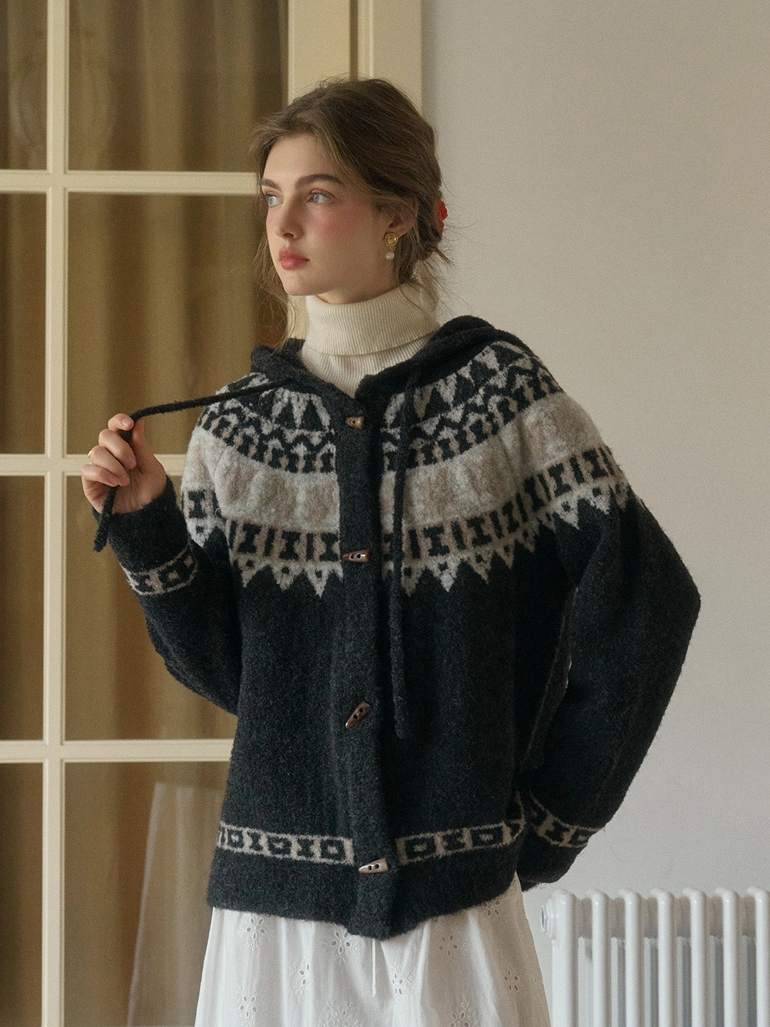 Zoya Notched Collar Fair Isle SR Exclusive Design Claw Button Wool Hoodie Cardigan Colorfast Dye FoldableDesign